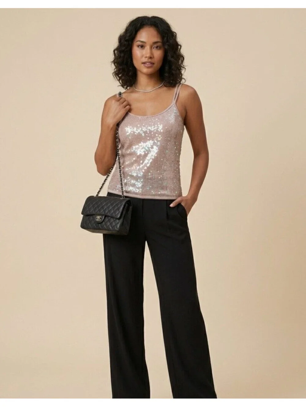 Vintage CHANEL 2005 FR-38 Sequin Tank Top Brown Beige CC Logo 05P Small